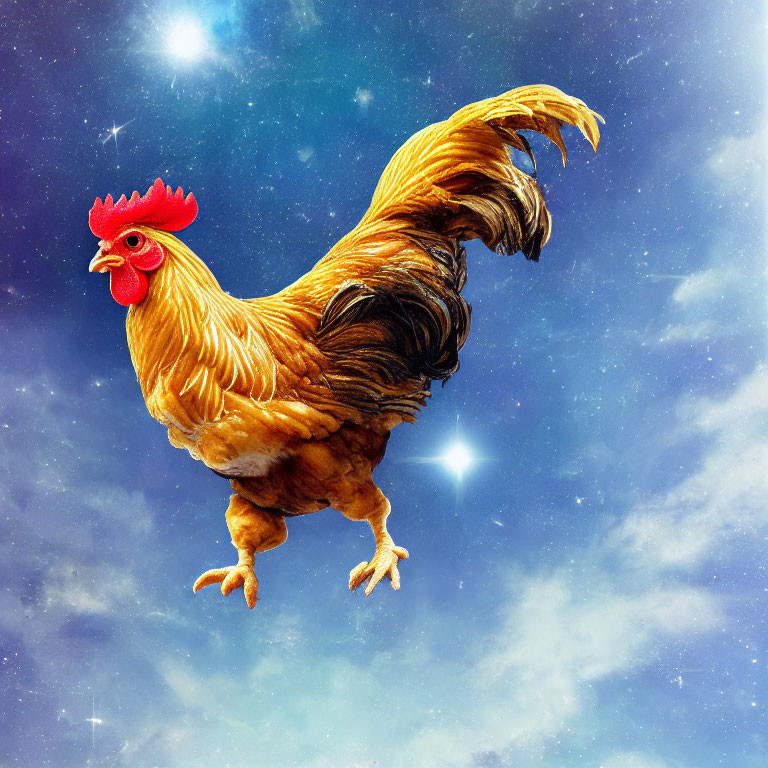 Colorful Rooster on Starry Sky with Cosmic Background