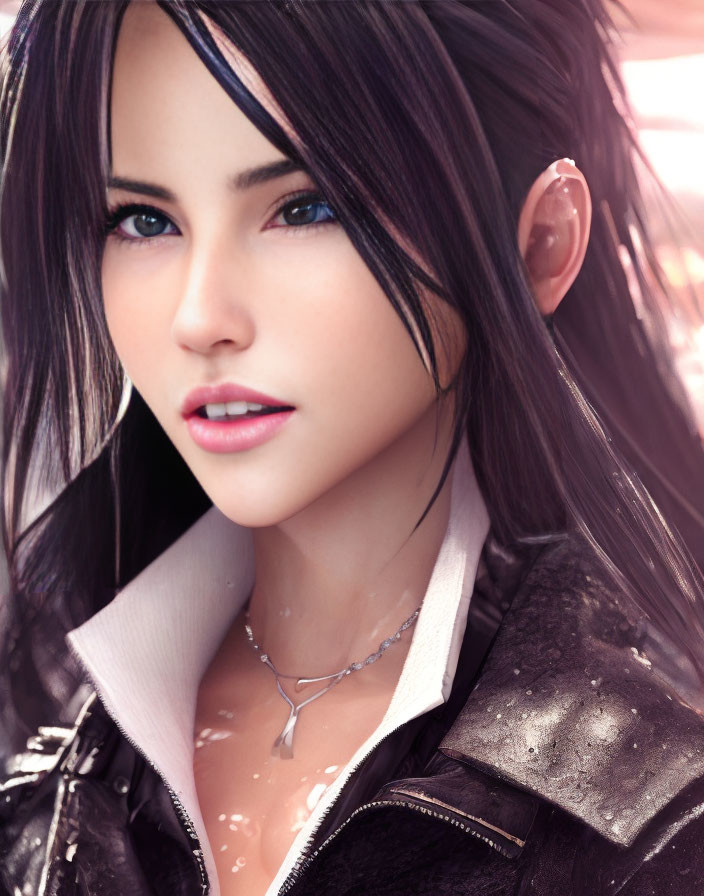Detailed Digital Portrait of Woman with Striking Blue Eyes and Leather Jacket