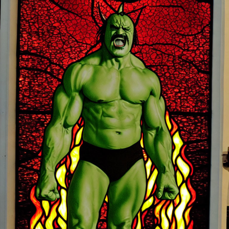 Muscular green figure with horns in fiery background