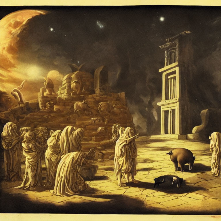 Antique-style painting: robed figures, animals, moonlit landscape, classical architecture