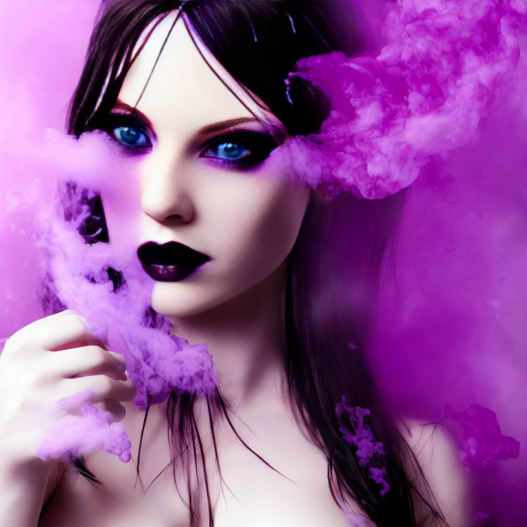 Dark-haired woman with blue eyes in purple smoke exudes mystical intensity