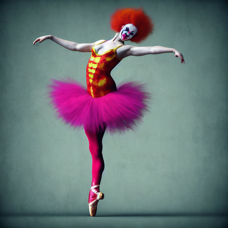 Clown costume dancer performs ballet en pointe