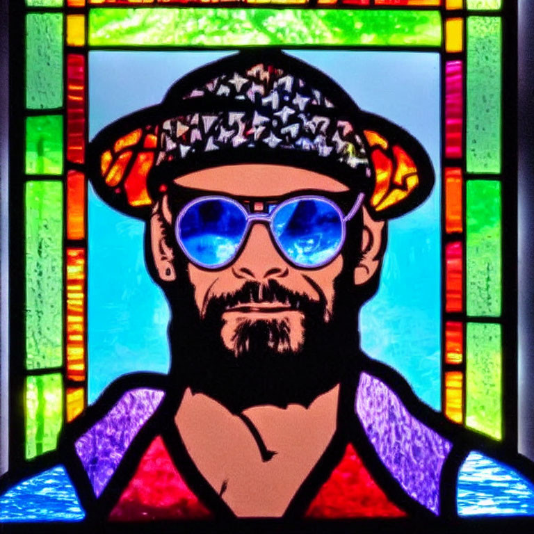 Colorful Stained Glass Portrait of Bearded Man with Blue Sunglasses and Patterned Cap