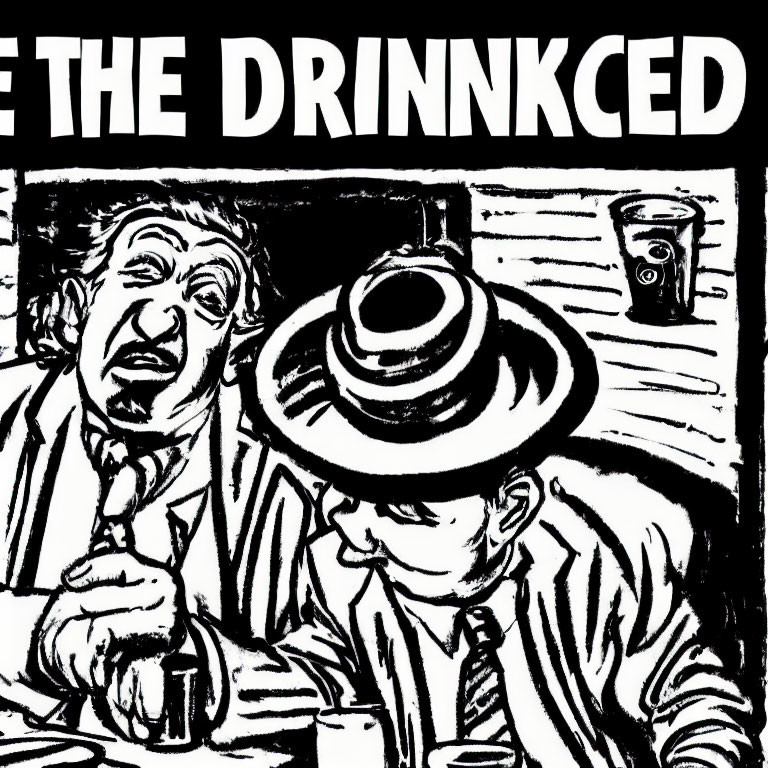 Men at bar: One standing, one sitting with hat and drink - Black and white illustration