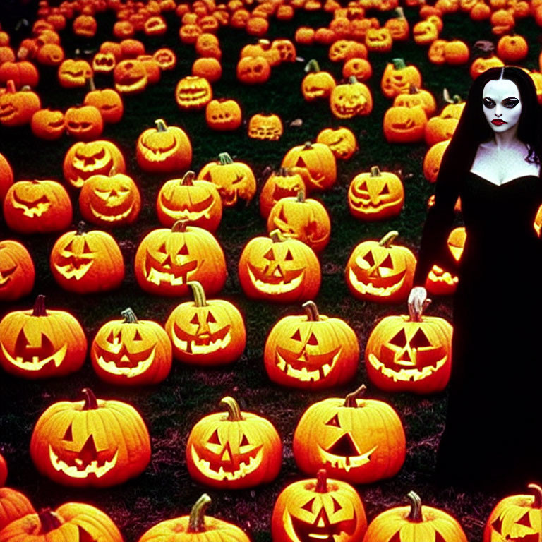 Woman in Black Dress Surrounded by Carved Pumpkins for Halloween