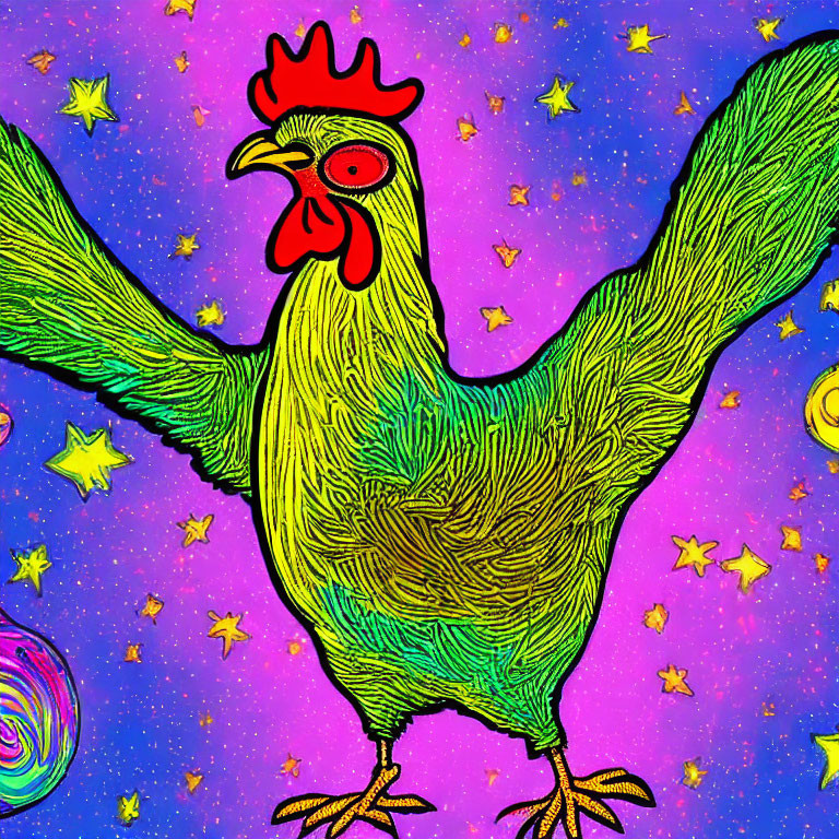 Colorful Rooster Illustration on Psychedelic Star Background