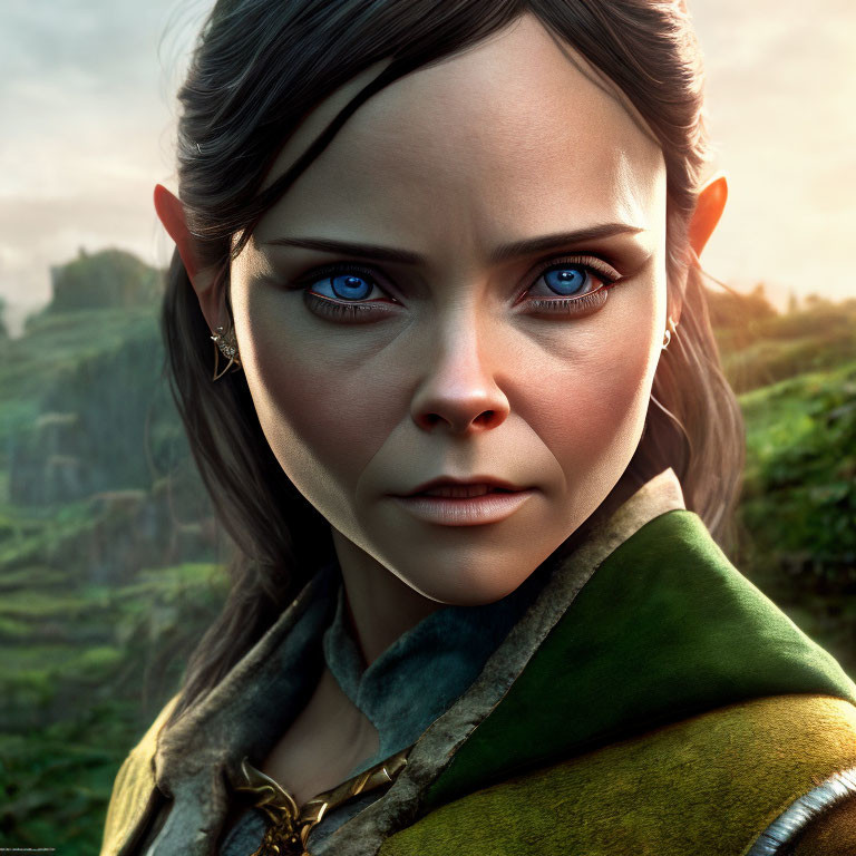 Digital artwork: Female character with blue eyes, green cloak, metallic necklace against blurred background
