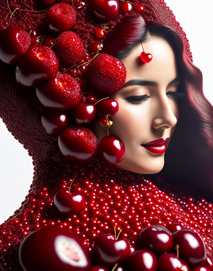 Woman with Red Lipstick Surrounded by Cherries and Strawberries