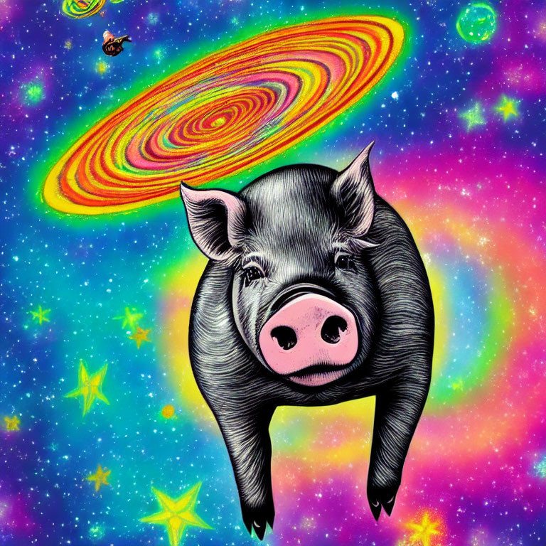 Colorful Pig Flying Through Vibrant Space Scene with Stars and Planets