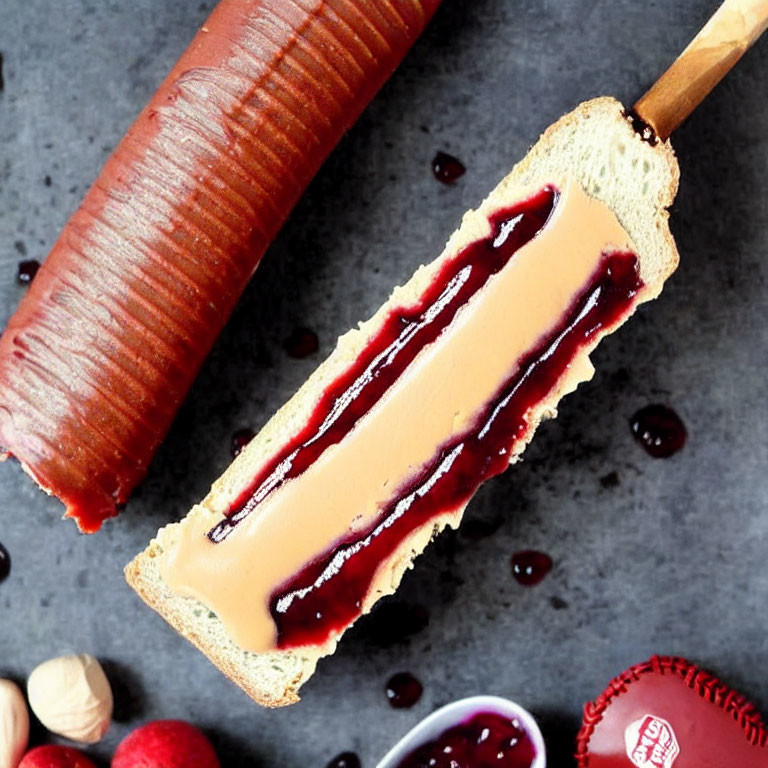 Creamy center popsicle with berry drizzle, rolling pin, and baseball on grey surface