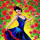 Colorful painting of woman in blue dress surrounded by red roses and green foliage