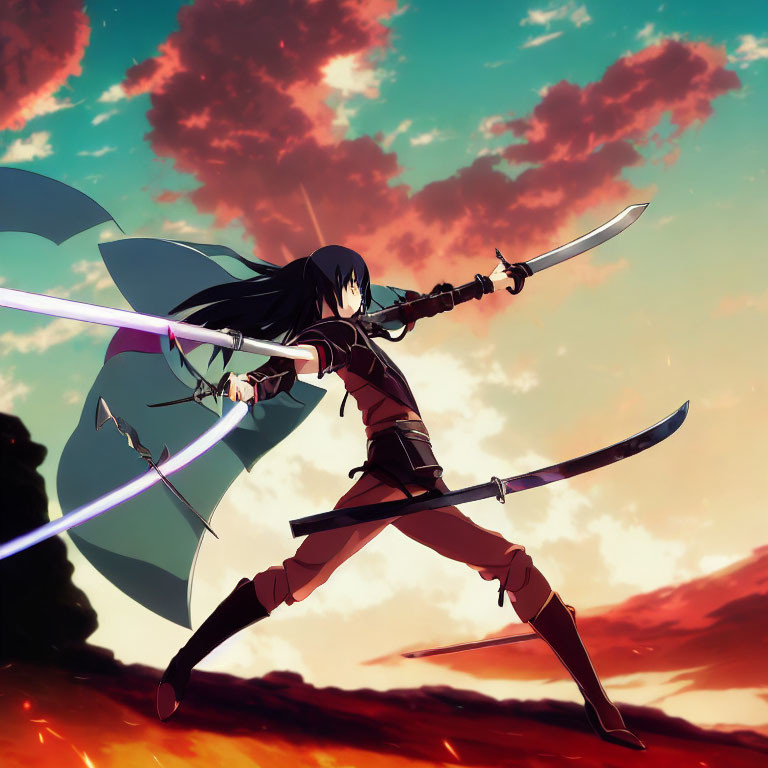 Anime character with multiple swords in dramatic sky.