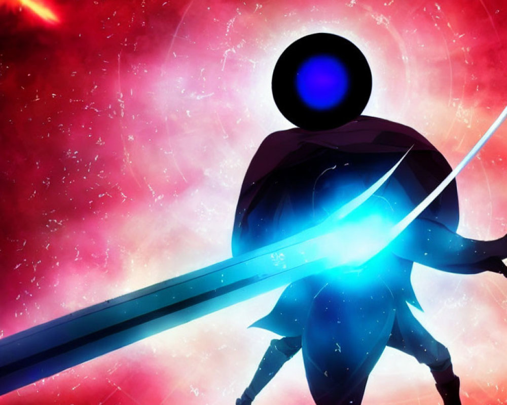 Heroic Figure with Cape and Glowing Sword in Cosmic Background