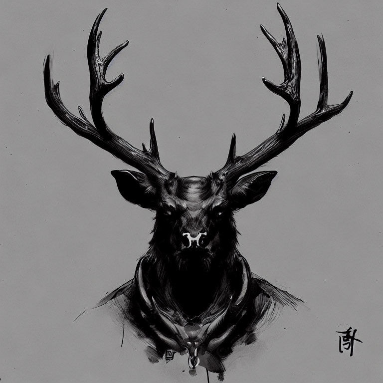 Detailed Monochromatic Deer Sketch with Prominent Antlers