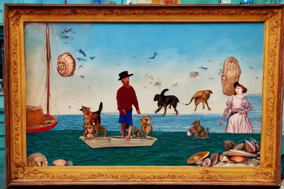 Whimsical painting of man, dogs, and woman by the sea in golden frame