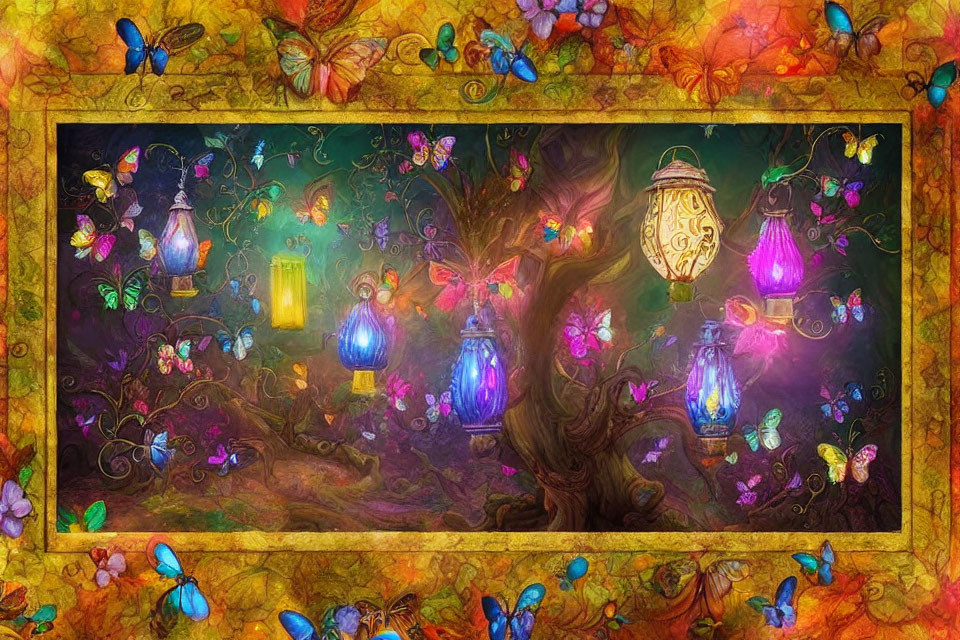 Enchanted forest with glowing lanterns and colorful butterflies