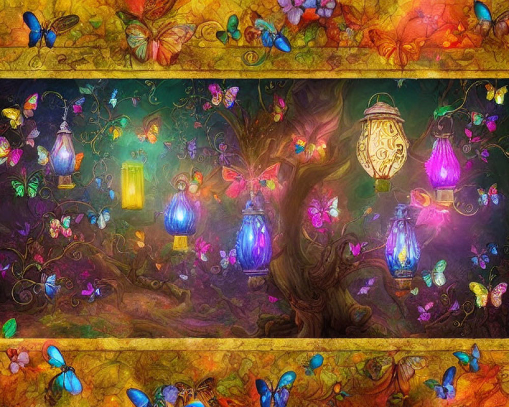 Enchanted forest with glowing lanterns and colorful butterflies