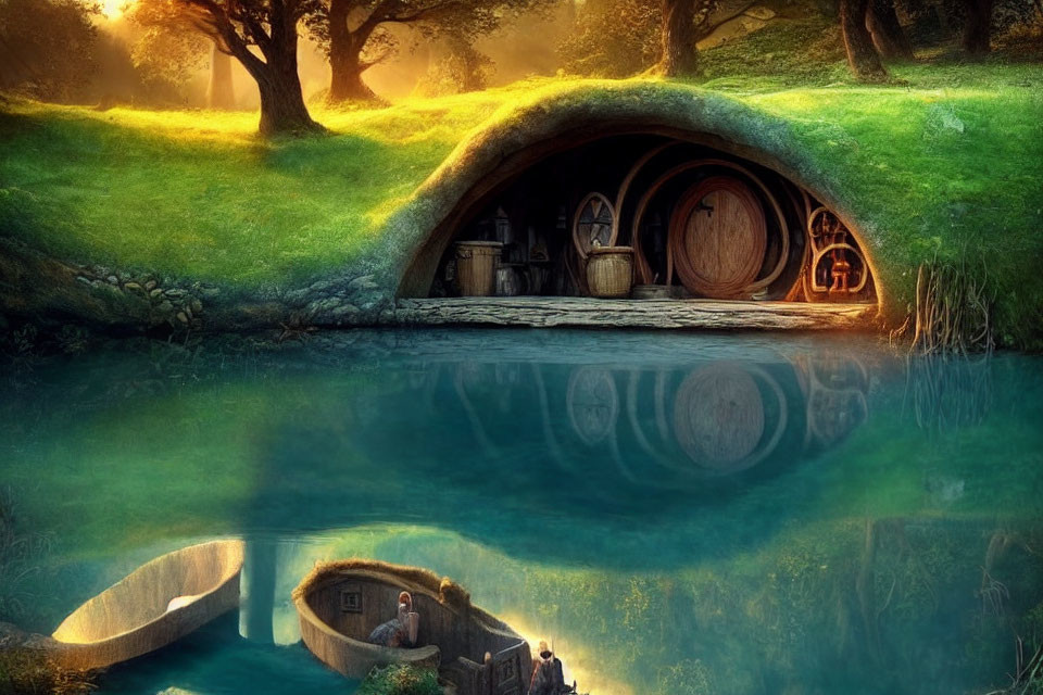 Tranquil Fantasy Landscape with Round-Doored Hobbit-Style House