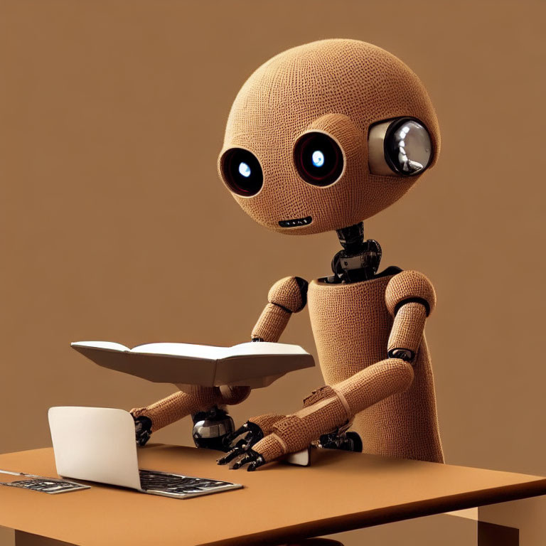 Burlap-textured humanoid robot reading book at desk