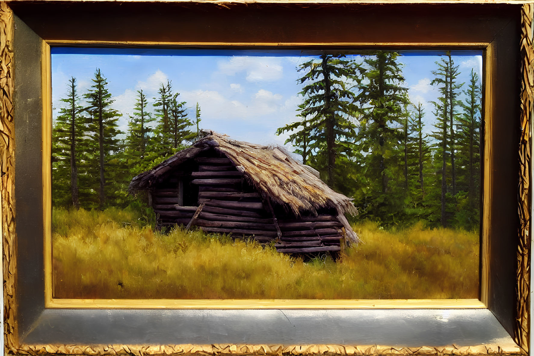 Dilapidated wooden cabin in golden frame with evergreen trees