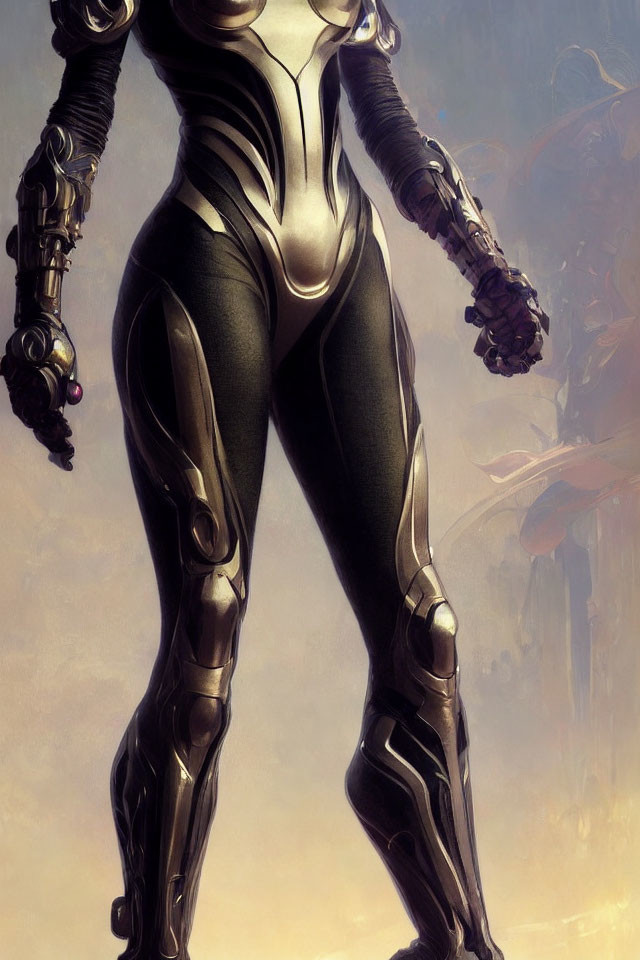 Futuristic black and white armor suit with mechanical details on figure
