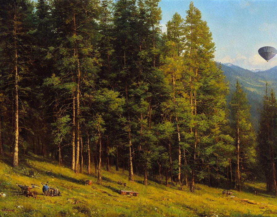 Tranquil forest scene with pine trees, people, cart, and hot air balloon