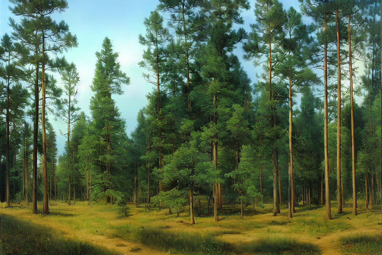 Serene forest landscape with tall pine trees and soft light