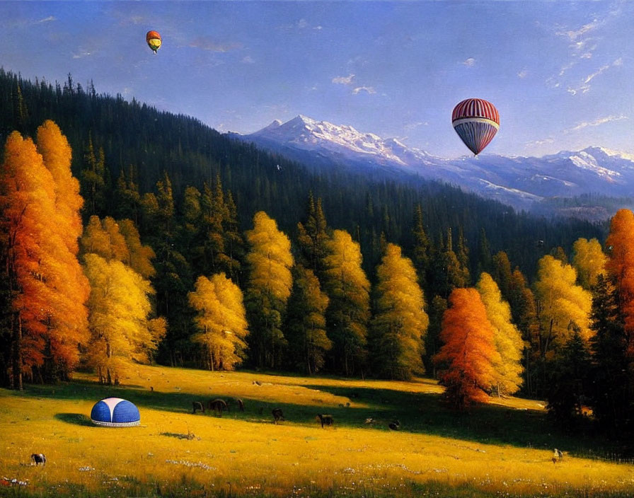 Tranquil landscape with autumn forest, hot air balloons, tent, and snowy mountains