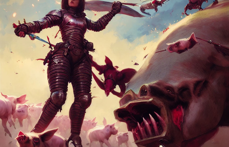 Triumphant warrior in black armor surrounded by flying pigs and roaring massive pig