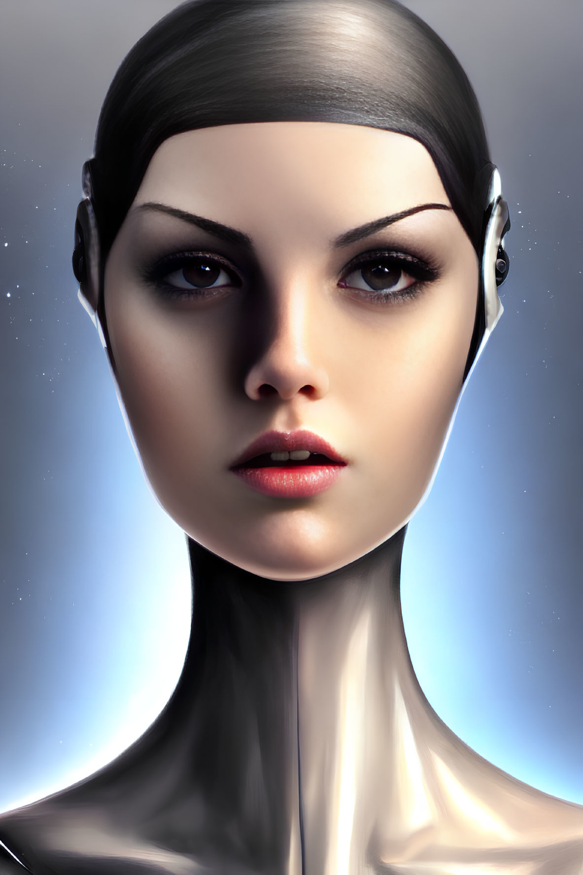 Female android portrait with metallic skin and earpiece-like technology