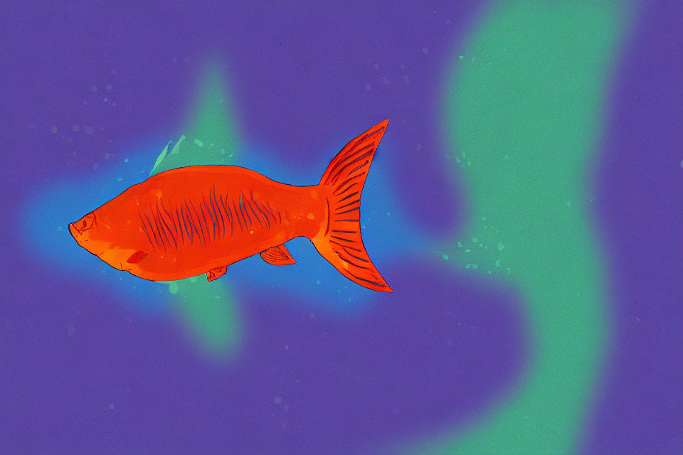 Vivid Orange Fish Illustration on Blue and Green Speckled Background