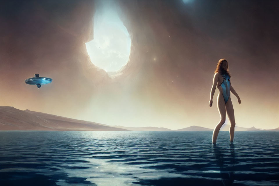 Woman standing on alien planet with ringed celestial body and spacecraft in dusky sky