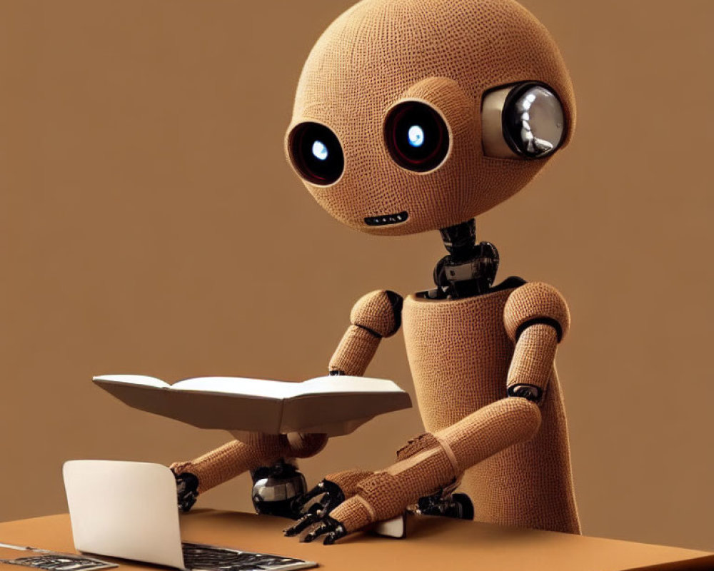 Burlap-textured humanoid robot reading book at desk