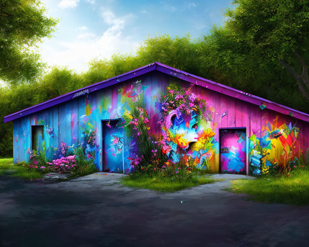 Colorful abstract and floral mural on purple warehouse with greenery under bright sky