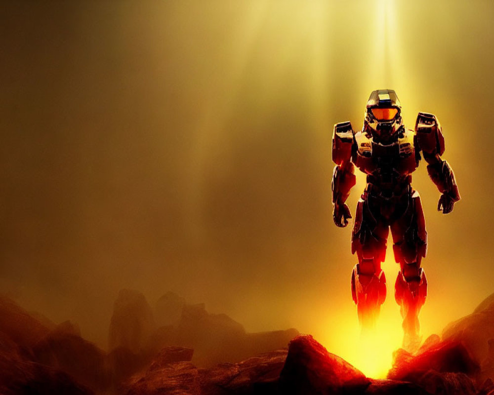 Futuristic armored figure on rocky terrain under dramatic light