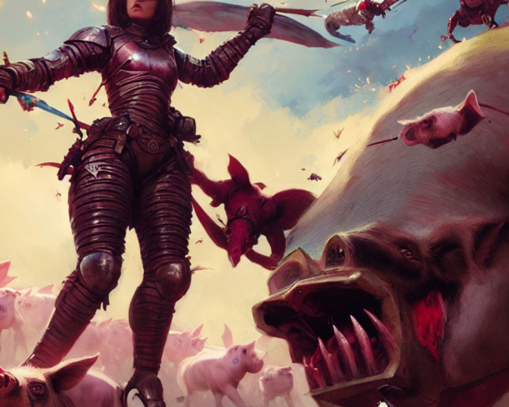 Triumphant warrior in black armor surrounded by flying pigs and roaring massive pig