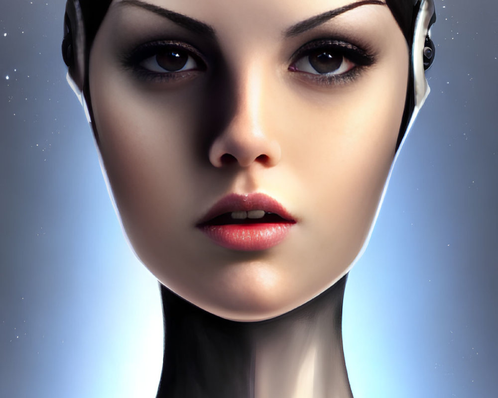 Female android portrait with metallic skin and earpiece-like technology