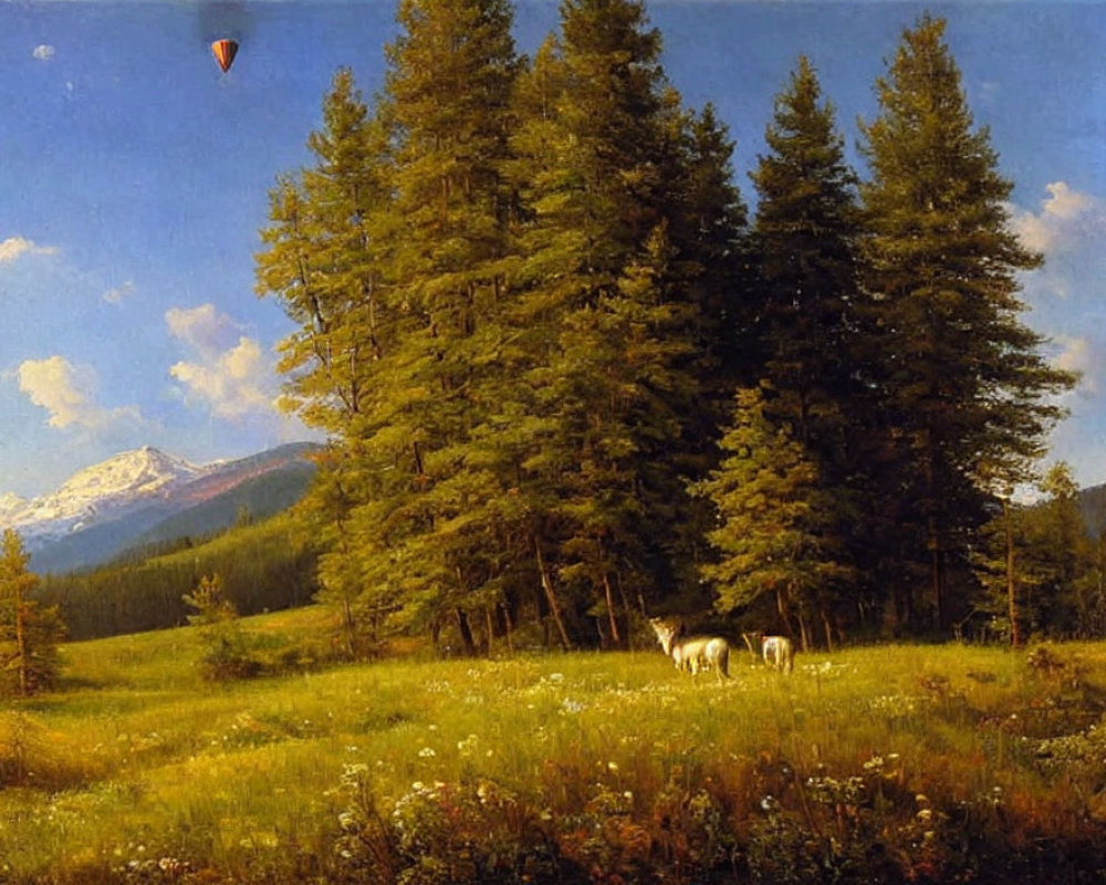 Tranquil pine forest landscape with mountains, grazing horses, and hot air balloon