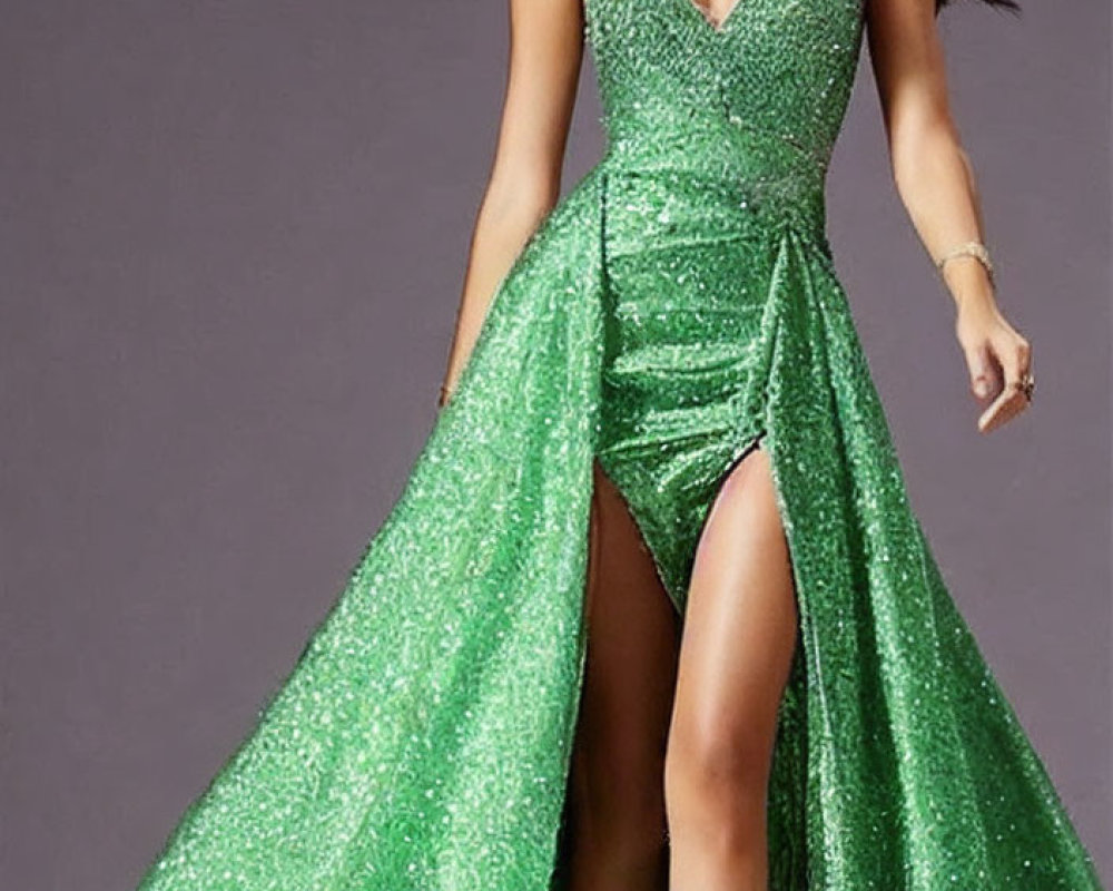 Elegant Woman in Sparkling Green Dress with High Leg Slit