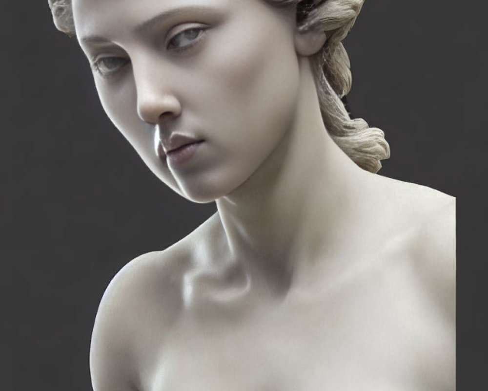 Realistic Woman Sculpture with Intricate Hair and Draped Cloth on Dark Background