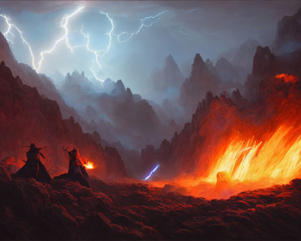 Silhouetted figures in volcanic landscape with lightning and lava