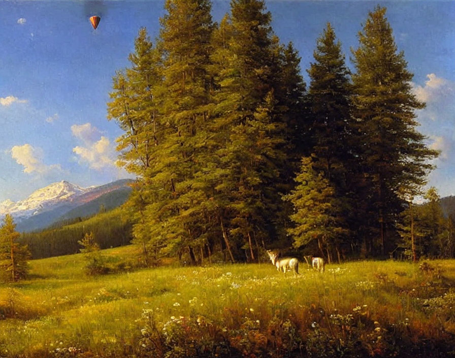 Tranquil pine forest landscape with mountains, grazing horses, and hot air balloon