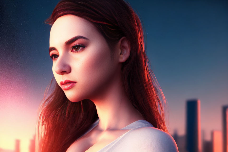 Red-haired woman in digital art gazing at city skyline against dusk sky