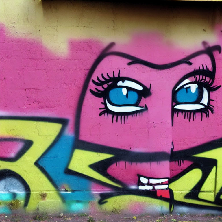 Vibrant street art: cartoonish female eyes on pink background with abstract graffiti shapes