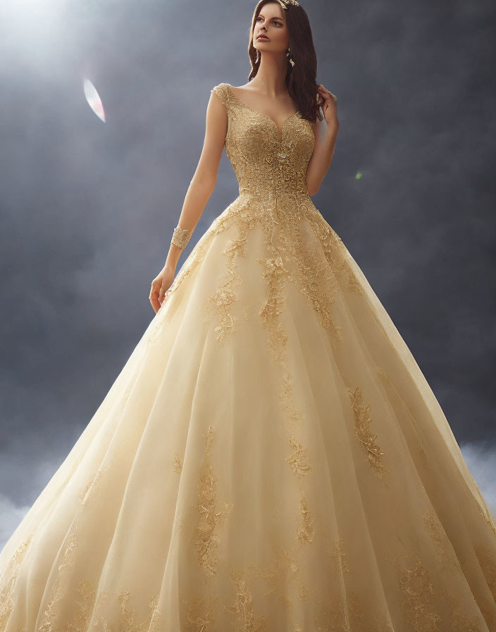 Elegant off-the-shoulder golden embroidered ball gown under dramatic sky
