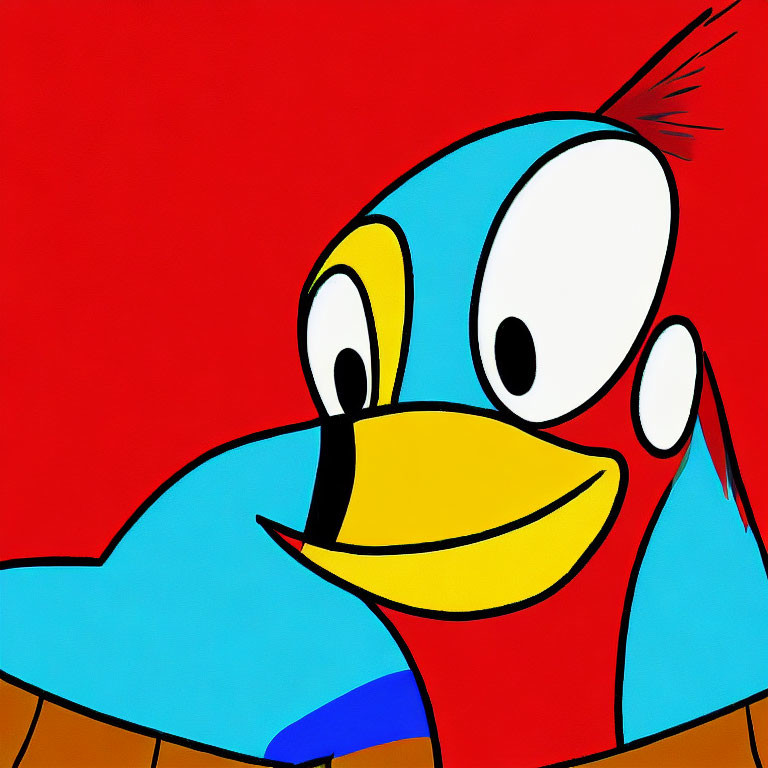 Vibrant cartoon bird with blue feathers and yellow beak on red backdrop