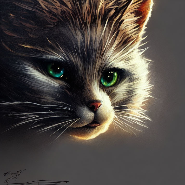 Detailed close-up of a cat with striking green eyes and textured fur