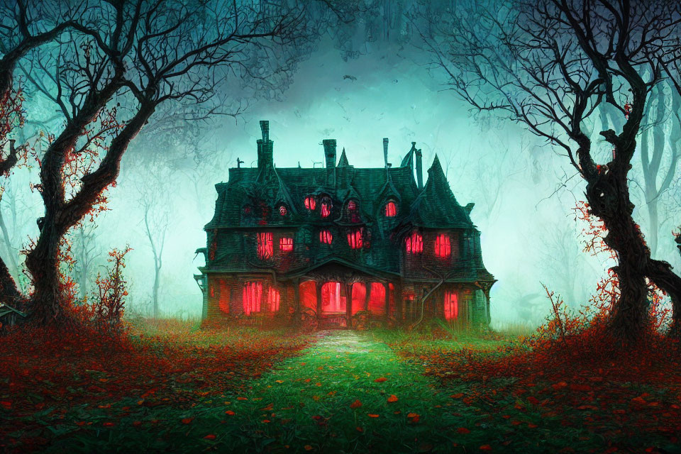 Spooky Victorian house with red glowing windows in foggy setting