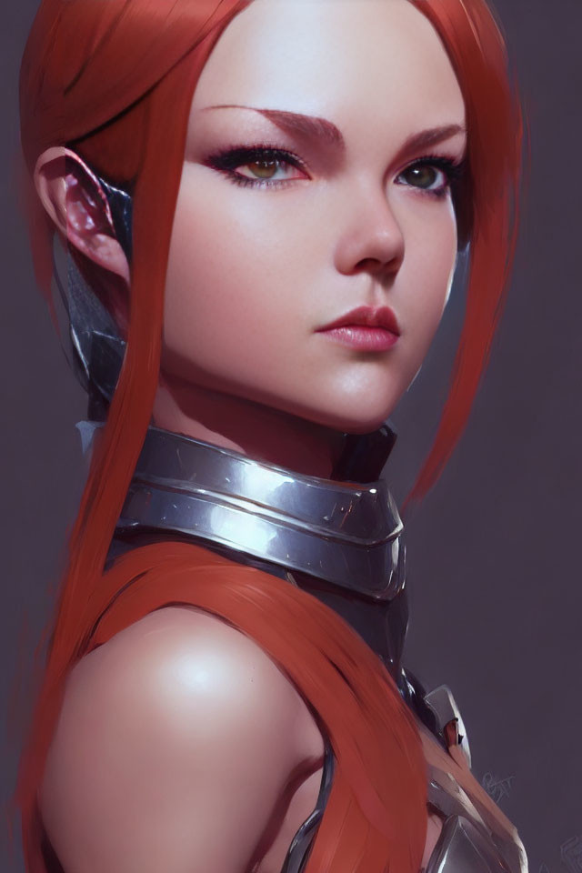 Digital artwork: Female character with red hair, crimson eyes, and silver armor