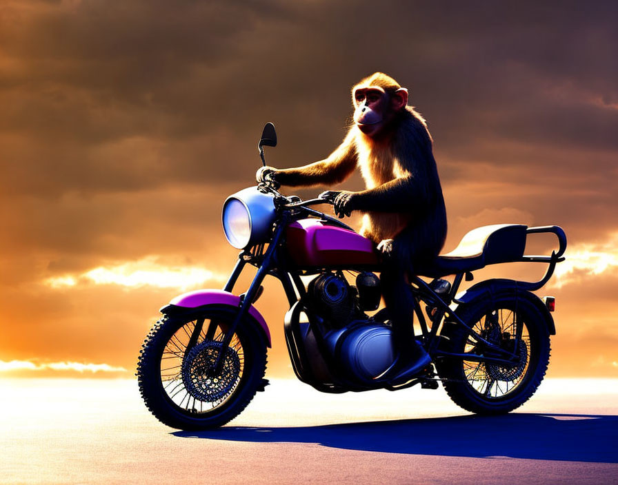 Baboon on Motorcycle with Dramatic Orange Sky